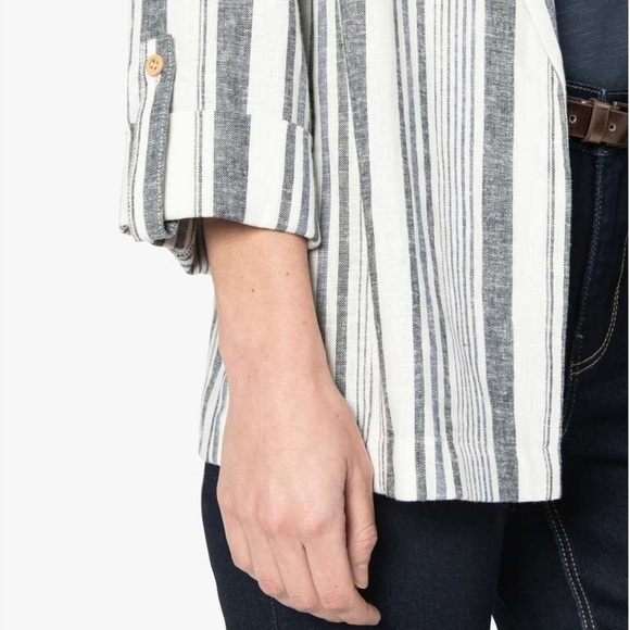 [M]DKR Gray Striped Linen Blend Women's Open Blazer - Picture 2 of 15